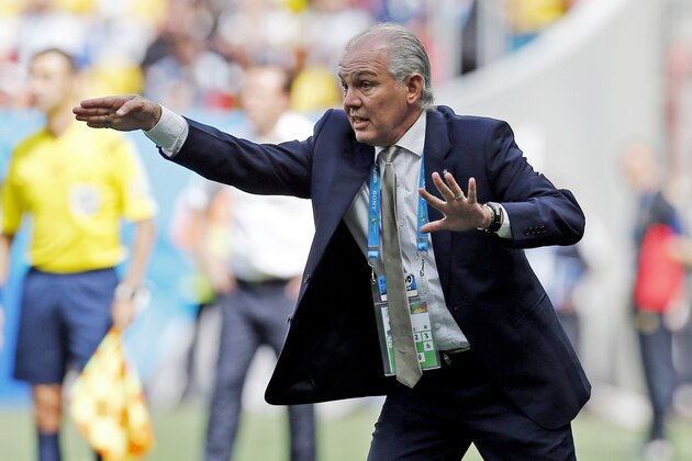 Argentina's head coach Alejandro Sabella gives his team directions from the sidelines during the World Cup quarterfinal soccer match between Argentina and Belgium at the Estadio Nacional in Brasilia, Brazil, Saturday, July 5, 2014. (AP Photo/Victor R. Caivano)