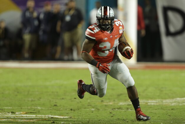 Ohio State running back Carlos Hyde (34) runs during the first half of the Orange Bowl NCAA college football game against Clemson, Friday, Jan. 3, 2014, in Miami Gardens, Fla. (AP Photo/Wilfredo Lee) Ohio State running back Carlos Hyde (34) runs during the first half of the Orange Bowl NCAA college football game against Clemson, Friday, Jan. 3, 2014, in Miami Gardens, Fla. (AP Photo/Wilfredo Lee)