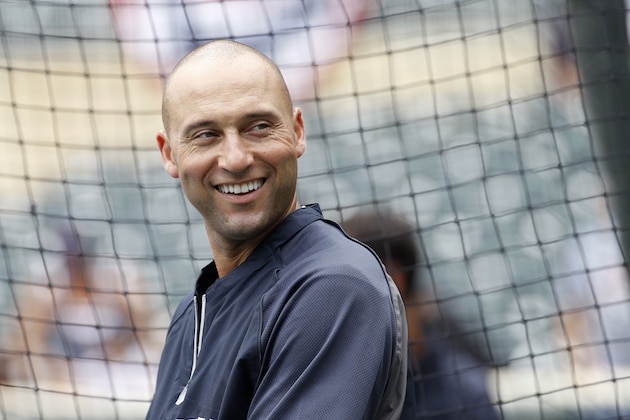 New York Yankees shortstop Derek Jeter laughs before a baseball game against the Minnesota Twins in Minneapolis, Sunday, July 6, 2014. (AP Photo/Ann Heisenfelt)