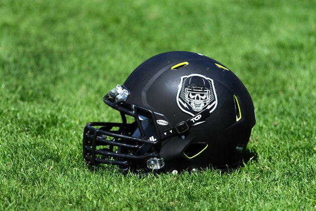Jul 10, 2014; Beaverton, OR, USA; A general view of a helmet worn during Nike Football ' The Opening' at Nike World Headquarters.  Mandatory Credit: Steve Dykes-USA TODAY Sports