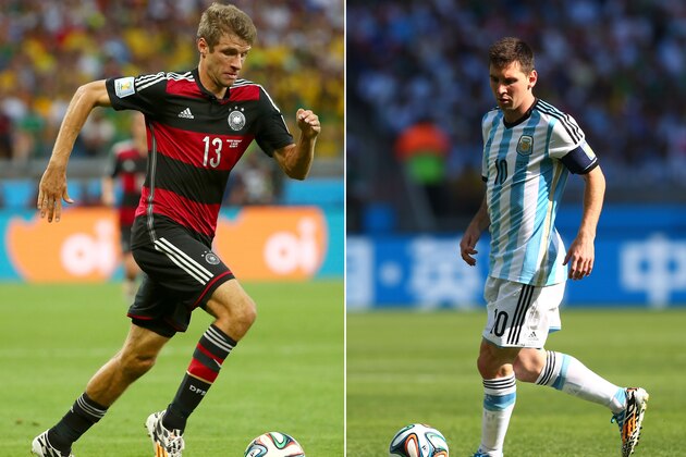 FILE PHOTO - EDITORS NOTE: COMPOSITE OF TWO IMAGES - Image Numbers 451872530 (L) and 450989646) In this composite image a comparison has been made between Lionel Messi of Argentina and Thomas Mueller of Germany. Germany and Argentina play each other in the 2014 FIFA World Cup Brazil Final on July 13, 2014 in the Maracana Stadium in Rio De Janeiro,Brazil. ***LEFT IMAGE*** BELO HORIZONTE, BRAZIL - JULY 08: Thomas Mueller of Germany controls the ball during the 2014 FIFA World Cup Brazil Semi Final match between Brazil and Germany at Estadio Mineirao on July 8, 2014 in Belo Horizonte, Brazil. (Photo by Robert Cianflone/Getty Images) ***RIGHT IMAGE*** BELO HORIZONTE, BRAZIL - JUNE 21: Lionel Messi of Argentina controls the ball during the 2014 FIFA World Cup Brazil Group F match between Argentina and Iran at Estadio Mineirao on June 21, 2014 in Belo Horizonte, Brazil. (Photo by Ronald Martinez/Getty Images)