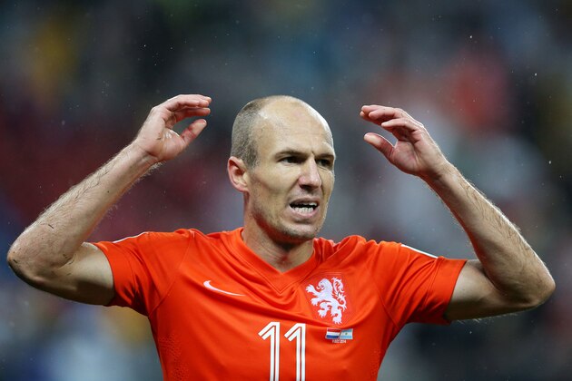 SAO PAULO, BRAZIL - JULY 09:  Arjen Robben of the Netherlands reacts after a missed chance during the 2014 FIFA World Cup Brazil Semi Final match between the Netherlands and Argentina at Arena de Sao Paulo on July 9, 2014 in Sao Paulo, Brazil.  (Photo by Dean Mouhtaropoulos/Getty Images)