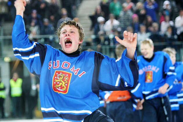 INNSBRUCK, AUSTRIA - JANUARY 22: In this handout image supplied by the International Olympic Committee, Finland's Kasperi Kapanen celebrates after beating Russia in the Men's Ice Hockey final on January 22, 2012 in Innsbruck, Austria. (Photo by Tan Thiam Peng/IOC via Getty Images)