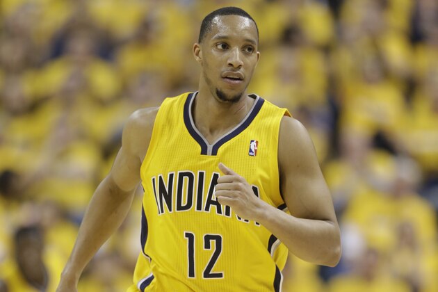 Indiana Pacers' Evan Turner (12) in action during the first half in Game 1 of an opening-round NBA basketball playoff series against the Atlanta Hawks Saturday, April 19, 2014, in Indianapolis. (AP Photo/Darron Cummings)