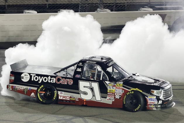 Erik Jones does a burnout after winning the NASCAR Trucks auto race, Friday, July 11, 2014, at Iowa Speedway in Newton, Iowa. (AP Photo/Charlie Neibergall) Erik Jones does a burnout after winning the NASCAR Trucks auto race, Friday, July 11, 2014, at Iowa Speedway in Newton, Iowa. (AP Photo/Charlie Neibergall)