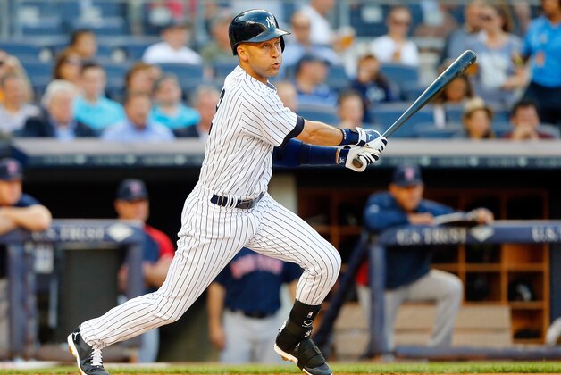 NEW YORK, NY - JUNE 27:  Derek Jeter #2 of the New York Yankees gets a first inning base hit against the Boston Red Sox at Yankee Stadium on June 27, 2014 in the Bronx borough of New York City.  (Photo by Jim McIsaac/Getty Images)
