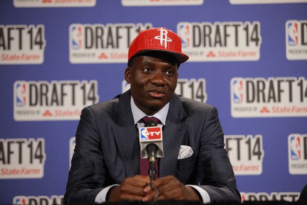 NEW YORK - JUNE 26: Clint Capela addresses the media after being selected 25th overall by the Atlanta Hawks during the 2014 NBA Draft on June 26, 2014 at the Barclays Center in Brooklyn, New York. NOTE TO USER: User expressly acknowledges and agrees that, by downloading and/or using this photograph, user is consenting to the terms and conditions of the Getty Images License Agreement.  Mandatory Copyright Notice: Copyright 2014 NBAE (Photo by Jeyhoun Allebaugh/NBAE via Getty Images)