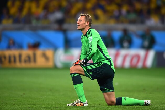 BELO HORIZONTE, BRAZIL - JULY 08: Manuel Neuer of Germany looks on during the 2014 FIFA World Cup Brazil Semi Final match between Brazil and Germany at Estadio Mineirao on July 8, 2014 in Belo Horizonte, Brazil.  (Photo by Laurence Griffiths/Getty Images)