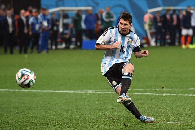 SAO PAULO, BRAZIL - JULY 09: Lionel Messi of Argentina shoots and scores his penalty kick in a shootout during the 2014 FIFA World Cup Brazil Semi Final match between the Netherlands and Argentina at Arena de Sao Paulo on July 9, 2014 in Sao Paulo, Brazil. (Photo by Matthias Hangst/Getty Images) SAO PAULO, BRAZIL - JULY 09: Lionel Messi of Argentina shoots and scores his penalty kick in a shootout during the 2014 FIFA World Cup Brazil Semi Final match between the Netherlands and Argentina at Arena de Sao Paulo on July 9, 2014 in Sao Paulo, Brazil. (Photo by Matthias Hangst/Getty Images)