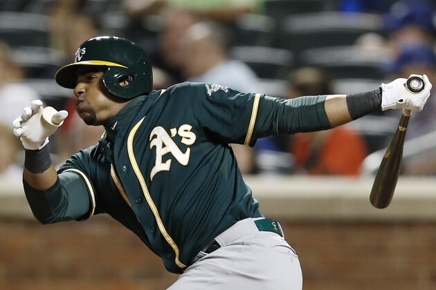 Oakland Athletics Yoenis Cespedes reacts during an at-bat in an inter-league baseball game against the New York Mets in New York, Tuesday, June 24, 2014. The Mets defeated the Athletics 10-1. (AP Photo/Kathy Willens) Oakland Athletics Yoenis Cespedes reacts during an at-bat in an inter-league baseball game against the New York Mets in New York, Tuesday, June 24, 2014. The Mets defeated the Athletics 10-1. (AP Photo/Kathy Willens)