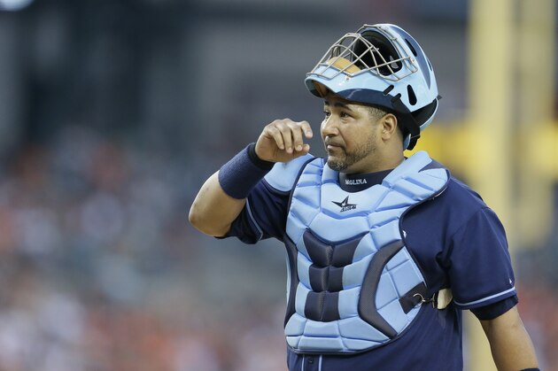 Tampa Bay Rays catcher Jose Molina is seen during the third inning of a baseball game against the Detroit Tigers in Detroit, Sunday, July 6, 2014. (AP Photo/Carlos Osorio)