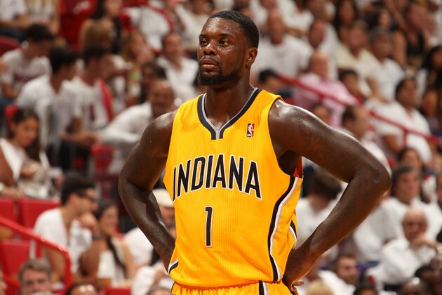 MIAMI, FL - MAY 30: Lance Stephenson #1 of the Indiana Pacers looks on in Game Six of the Eastern Conference Finals against the Miami Heat during the 2014 NBA Playoffs on May 30, 2014 in Miami, Fl. NOTE TO USER: User expressly acknowledges and agrees that, by downloading and or using this photograph, User is consenting to the terms and conditions of the Getty Images License Agreement. Mandatory Copyright Notice: Copyright 2014 NBAE (Photo by Issac Baldizon/NBAE via Getty Images) MIAMI, FL - MAY 30: Lance Stephenson #1 of the Indiana Pacers looks on in Game Six of the Eastern Conference Finals against the Miami Heat during the 2014 NBA Playoffs on May 30, 2014 in Miami, Fl. NOTE TO USER: User expressly acknowledges and agrees that, by downloading and or using this photograph, User is consenting to the terms and conditions of the Getty Images License Agreement. Mandatory Copyright Notice: Copyright 2014 NBAE (Photo by Issac Baldizon/NBAE via Getty Images)