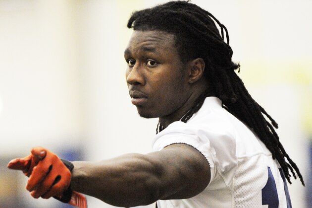 Buffalo Bills first-round draft pick Sammy Watkins gestures as he lines up during drills at an NFL football rookie camp at the team's facility, Sunday, May 18, 2014, in Orchard Park, N.Y. (AP Photo/Gary Wiepert)