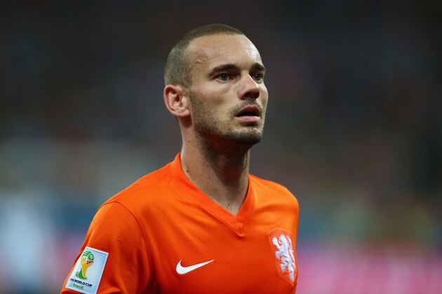 SAO PAULO, BRAZIL - JULY 09: Wesley Sneijder of the Netherlands looks on during the 2014 FIFA World Cup Brazil Semi Final match between the Netherlands and Argentina at Arena de Sao Paulo on July 9, 2014 in Sao Paulo, Brazil. (Photo by Clive Rose/Getty Images) SAO PAULO, BRAZIL - JULY 09: Wesley Sneijder of the Netherlands looks on during the 2014 FIFA World Cup Brazil Semi Final match between the Netherlands and Argentina at Arena de Sao Paulo on July 9, 2014 in Sao Paulo, Brazil. (Photo by Clive Rose/Getty Images)
