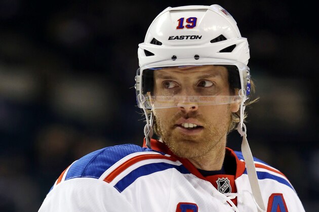 Mar 14, 2014; Winnipeg, Manitoba, CAN; New York Rangers forward Brad Richards (19) warms up prior to the game against the Winnipeg Jets at MTS Centre. Mandatory Credit: Bruce Fedyck-USA TODAY Sports