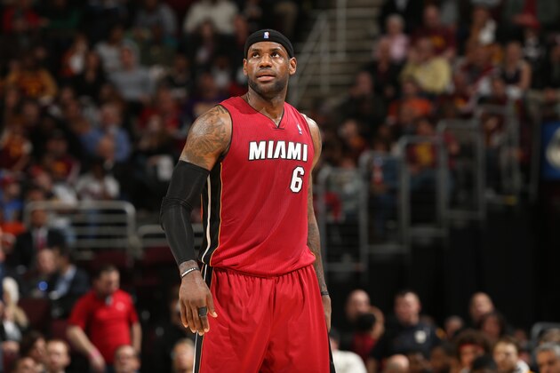 CLEVELAND, OH - MARCH 18:  LeBron James #6 of the Miami Heat stands on the court against the Cleveland Cavaliers at The Quicken Loans Arena on March 18, 2014 in Cleveland, Ohio. NOTE TO USER: User expressly acknowledges and agrees that, by downloading and/or using this Photograph, user is consenting to the terms and conditions of the Getty Images License Agreement. Mandatory Copyright Notice: Copyright 2014 NBAE (Photo by Joe Murphy/NBAE via Getty Images)