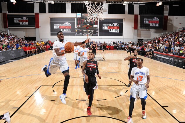 LAS VEGAS, NV - JULY 12: Tim Hardaway Jr. #5 of the New York Knicks goes up for a shot against the Portland Trail Blazers on July 12, 2014 at Cox Pavilion in Las Vegas, Nevada. NOTE TO USER: User expressly acknowledges and agrees that, by downloading and or using this photograph, User is consenting to the terms and conditions of the Getty Images License Agreement. Mandatory Copyright Notice: Copyright 2014 NBAE (Photo by Garrett Ellwood/NBAE via Getty Images)