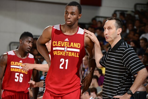 LAS VEGAS, NV - JULY 11: Andrew Wiggins #21 of the Cleveland Cavaliers talks with Head Coach David Blatt during the game against the Milwaukee Bucks on July 11, 2014 at Cox Pavilion in Las Vegas, Nevada. NOTE TO USER: User expressly acknowledges and agrees that, by downloading and or using this photograph, User is consenting to the terms and conditions of the Getty Images License Agreement. Mandatory Copyright Notice: Copyright 2014 NBAE (Photo by Garrett Ellwood/NBAE via Getty Images)