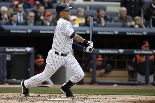 New York Yankees Derek Jeter reacts as he hits into a third-inning, run-scoring, double play in the Yankees home baseball opener against the Baltimore Orioles at Yankee Stadium in New York, Monday, April 7, 2014. (AP Photo/Kathy Willens) New York Yankees Derek Jeter reacts as he hits into a third-inning, run-scoring, double play in the Yankees home baseball opener against the Baltimore Orioles at Yankee Stadium in New York, Monday, April 7, 2014. (AP Photo/Kathy Willens)
