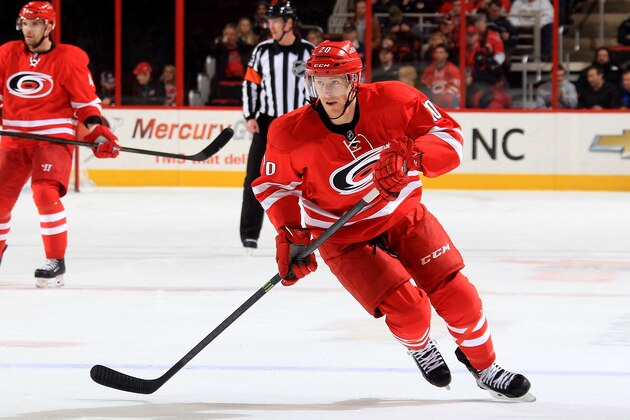 RALEIGH, NC - FEBRUARY 04:  Riley Nash #20 of the Carolina Hurricanes skates for position on the ice during an NHL game against the Winnipeg Jets at PNC Arena on February 4, 2014 in Raleigh, North Carolina.  (Photo by Gregg Forwerck/NHLI via Getty Images)
