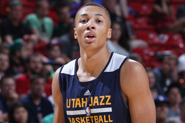 LAS VEGAS, NV - JULY 12:  Dante Exum #11 of the Utah Jazz during the game against the Philadelphia 76ers on July 12, 2014 at Thomas & Mack  in Las Vegas, Nevada. NOTE TO USER: User expressly acknowledges and agrees that, by downloading and or using this photograph, User is consenting to the terms and conditions of the Getty Images License Agreement. Mandatory Copyright Notice: Copyright 2014 NBAE (Photo by Jack Arent/NBAE via Getty Images)