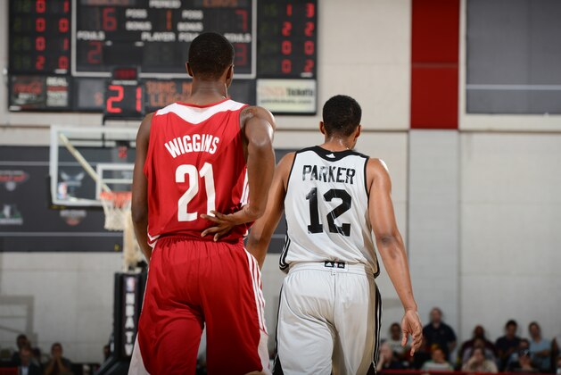 LAS VEGAS, NV - JULY 11: Jabari Parker #12 of the Milwaukee Bucks and Andrew Wiggins #21 of the Cleveland Cavaliers looks on during the game on July 11, 2014 at Cox Pavilion in Las Vegas, Nevada. NOTE TO USER: User expressly acknowledges and agrees that, by downloading and or using this photograph, User is consenting to the terms and conditions of the Getty Images License Agreement. Mandatory Copyright Notice: Copyright 2014 NBAE (Photo by Garrett Ellwood/NBAE via Getty Images)