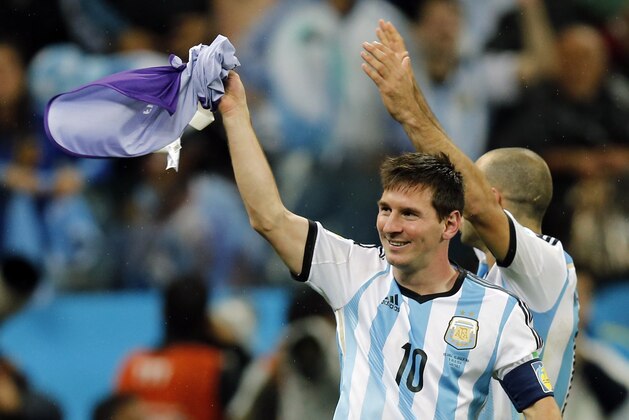 Argentina's Lionel Messi celebrates after the World Cup semifinal soccer match between the Netherlands and Argentina at the Itaquerao Stadium in Sao Paulo, Brazil, Wednesday, July 9, 2014. Argentina beat the Netherlands 4-2 in a penalty shootout to reach the World Cup final. (AP Photo/Frank Augstein)