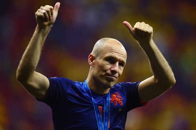 BRASILIA, BRAZIL - JULY 12:  Arjen Robben of the Netherlands acknowledges the fans after defeating Brazil 3-0in the 2014 FIFA World Cup Brazil Third Place Playoff match between Brazil and the Netherlands at Estadio Nacional on July 12, 2014 in Brasilia, Brazil.  (Photo by Jamie McDonald/Getty Images)