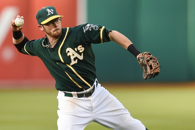 OAKLAND, CA - MAY 07:  Eric Sogard #28 of the Oaklandn Athletics makes an off balance throw to throw out John Buck #4 of the Seattle Mariners (not pictured) in the top of the eighth inning during game two of a doubleheader at O.co Coliseum on May 7, 2014 in Oakland, California.  (Photo by Thearon W. Henderson/Getty Images)