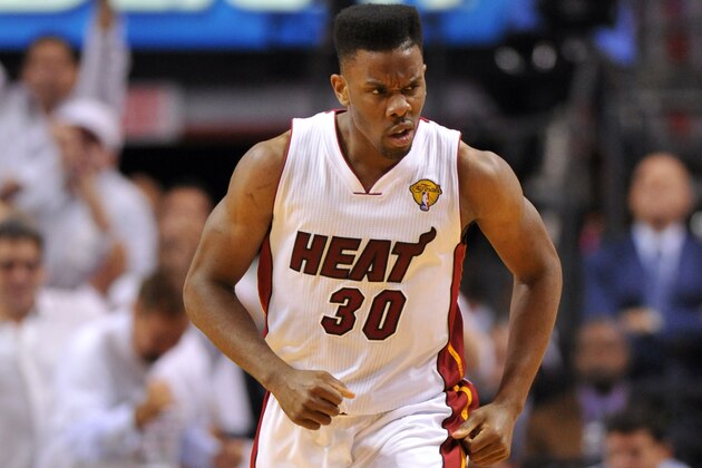 Jun 10, 2014; Miami, FL, USA; Miami Heat guard Norris Cole (30) reacts during the third quarter of game three of the 2014 NBA Finals against the San Antonio Spurs at American Airlines Arena. Mandatory Credit: Steve Mitchell-USA TODAY Sports Jun 10, 2014; Miami, FL, USA; Miami Heat guard Norris Cole (30) reacts during the third quarter of game three of the 2014 NBA Finals against the San Antonio Spurs at American Airlines Arena. Mandatory Credit: Steve Mitchell-USA TODAY Sports