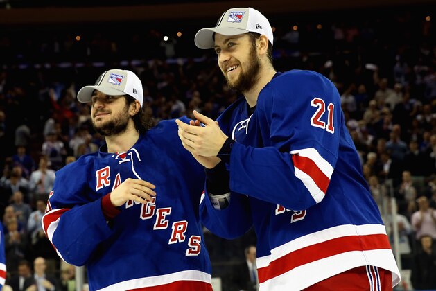 NEW YORK, NY - MAY 29: Derek Stepan #21 and Mats Zuccarello #36 of the New York Rangers celebrates after defeating the Montreal Canadiens in Game Six to win the Eastern Conference Final in the 2014 NHL Stanley Cup Playoffs at Madison Square Garden on May 29, 2014 in New York City.Rangers defeated the Candiens 1-0. (Photo by Bruce Bennett/Getty Images) NEW YORK, NY - MAY 29: Derek Stepan #21 and Mats Zuccarello #36 of the New York Rangers celebrates after defeating the Montreal Canadiens in Game Six to win the Eastern Conference Final in the 2014 NHL Stanley Cup Playoffs at Madison Square Garden on May 29, 2014 in New York City.Rangers defeated the Candiens 1-0. (Photo by Bruce Bennett/Getty Images)