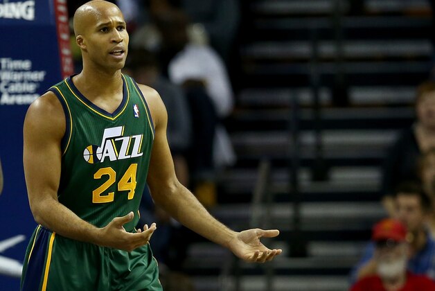 CHARLOTTE, NC - DECEMBER 21:  Richard Jefferson #24 of the Utah Jazz reacts to a call during their game against the Charlotte Bobcats at Time Warner Cable Arena on December 21, 2013 in Charlotte, North Carolina.  NOTE TO USER: User expressly acknowledges and agrees that, by downloading and or using this photograph, User is consenting to the terms and conditions of the Getty Images License Agreement.  (Photo by Streeter Lecka/Getty Images)