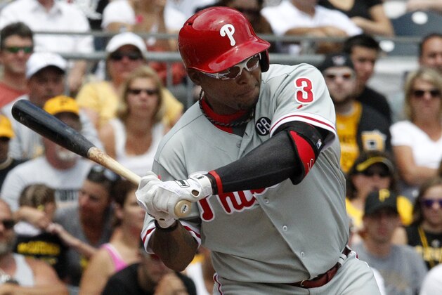 Philadelphia Phillies' Marlon Byrd singles home a run during the first inning of a baseball game off Pittsburgh Pirates starting pitcher Jeff Locke in Pittsburgh Sunday, July 6, 2014. The Pirates won 6-2. (AP Photo/Gene J. Puskar)