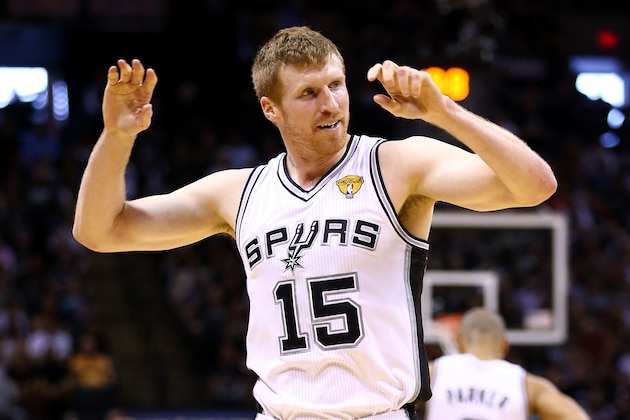 SAN ANTONIO, TX - JUNE 15:  Matt Bonner #15 of the San Antonio Spurs reacts against the Miami Heat during Game Five of the 2014 NBA Finals at the AT&T Center on June 15, 2014 in San Antonio, Texas. NOTE TO USER: User expressly acknowledges and agrees that, by downloading and or using this photograph, User is consenting to the terms and conditions of the Getty Images License Agreement.  (Photo by Andy Lyons/Getty Images)