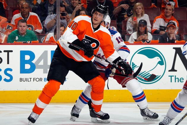 PHILADELPHIA, PA - APRIL 25: Vincent Lecavalier #40 of the Philadelphia Flyers skates against the New York Rangers in Game Four of the First Round of the 2014 NHL Stanley Cup Playoffs at the Wells Fargo Center on April 25, 2014 in Philadelphia, Pennsylvania. The Flyers defeated the Rangers 2-1.  (Photo by Bruce Bennett/Getty Images)