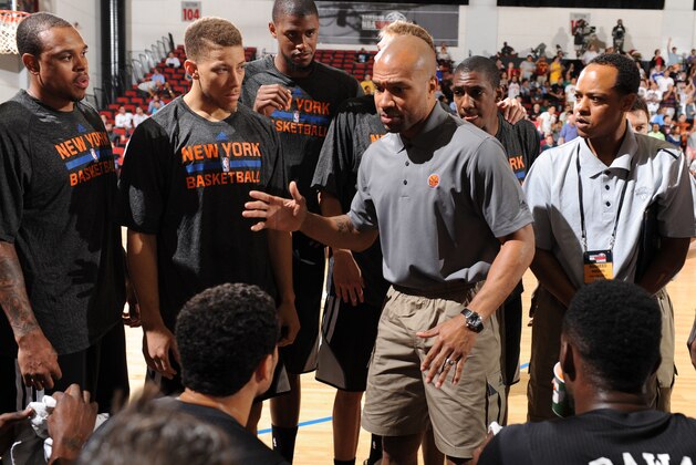 LAS VEGAS, NV - JULY 11: Head coach Derek Fisher of the New York Knicks coaches before the game against the Dallas Mavericks on July 11, 2014 at Cox Pavilion in Las Vegas, Nevada. NOTE TO USER: User expressly acknowledges and agrees that, by downloading and or using this photograph, User is consenting to the terms and conditions of the Getty Images License Agreement. Mandatory Copyright Notice: Copyright 2014 NBAE  (Photo by Garrett Ellwood/NBAE via Getty Images)