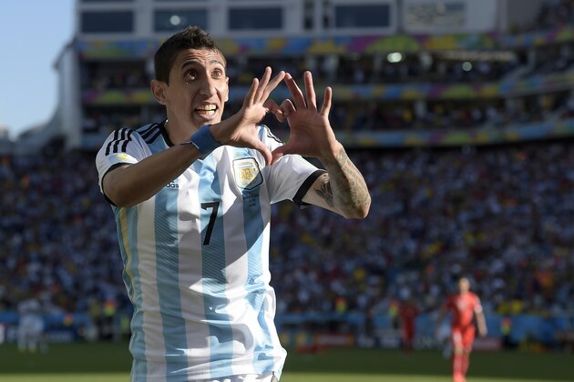Argentina's Angel di Maria celebrates after scoring his side's only and winning goal in extra time during the World Cup round of 16 soccer match between Argentina and Switzerland at the Itaquerao Stadium in Sao Paulo, Brazil, Tuesday, July 1, 2014. Argentina defeated Switzerland 1-0 to move on to the quarterfinals. (AP Photo/Manu Fernandez)
