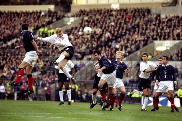 13 Nov 1999:  Paul Scholes of England rises to score against Scotland during the Euro 2000 play-off first leg match at Hampden Park in Glasgow, Scotland. England won 2-0. \ Mandatory Credit: Shaun Botterill /Allsport