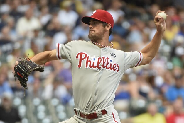 Jul 7, 2014; Milwaukee, WI, USA;   Philadelphia Phillies pitcher Cole Hamels (35) pitches in the first inning against the Milwaukee Brewers at Miller Park. Mandatory Credit: Benny Sieu-USA TODAY Sports