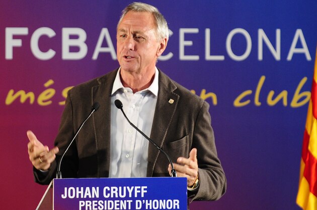 Former Netherlands international Johan Cruyff speaks after been appointed Barcelona's Honorary President at the Camp Nou stadium in Barcelona, Spain, Thursday, April 8, 2010. (AP Photo/Manu Fernandez)