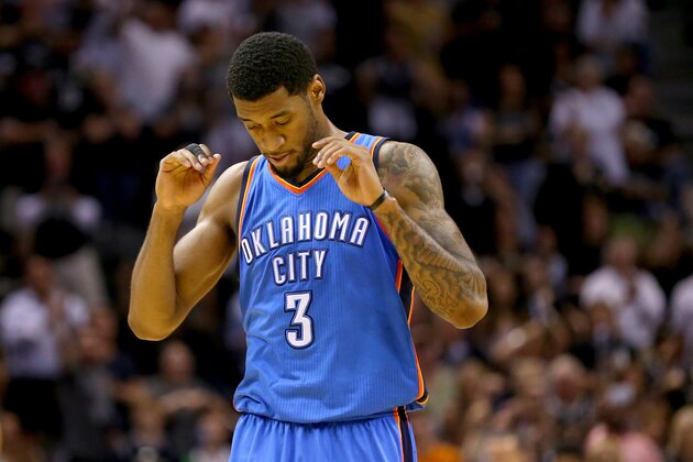 SAN ANTONIO, TX - MAY 21:  Perry Jones #3 of the Oklahoma City Thunder reacts in the first half while taking on the San Antonio Spurs in Game Two of the Western Conference Finals during the 2014 NBA Playoffs at AT&T Center on May 21, 2014 in San Antonio, Texas. NOTE TO USER: User expressly acknowledges and agrees that, by downloading and or using this photograph, User is consenting to the terms and conditions of the Getty Images License Agreement.  (Photo by Ronald Martinez/Getty Images)
