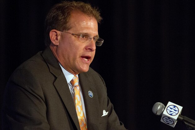 Jul 14, 2014; Hoover, AL, USA; Auburn Tigers head coach Gus Malzahn talks to the media during the SEC Football Media Days at the Wynfrey Hotel. Mandatory Credit: Marvin Gentry-USA TODAY Sports