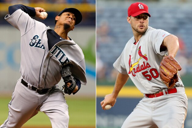 This combination made from file photos shows Seattle Mariners starting pitcher Felix Hernandez, left, and St. Louis Cardinals starting pitcher Adam Wainwright. Hernandez will start Tuesday night's All-Star game for the American League and Wainwright will open for the National League. (AP Photo)