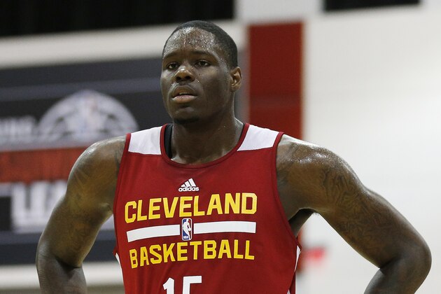 Cleveland Cavaliers' Anthony Bennett reacts after a play against the Milwaukee Bucks in an NBA summer league basketball game Friday, July 11, 2014, in Las Vegas. (AP Photo/John Locher)