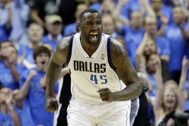 Dallas Mavericks' DeJuan Blair (45) celebrates scoring against the San Antonio Spurs in the second half of Game 4 of an NBA basketball first-round playoff series, Monday, April 28, 2014, in Dallas. The Spurs won 93-89. (AP Photo/Tony Gutierrez) Dallas Mavericks' DeJuan Blair (45) celebrates scoring against the San Antonio Spurs in the second half of Game 4 of an NBA basketball first-round playoff series, Monday, April 28, 2014, in Dallas. The Spurs won 93-89. (AP Photo/Tony Gutierrez)