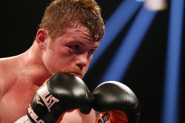 LAS VEGAS, NV - JULY 12:  Canelo Alvarez battles Erislandy Lara (not pictured) during their junior middleweight bout at the MGM Grand Garden Arena on July 12, 2014 in Las Vegas, Nevada.  Alvarez defeated Lara by split decision.  (Photo by Josh Hedges/Getty Images)