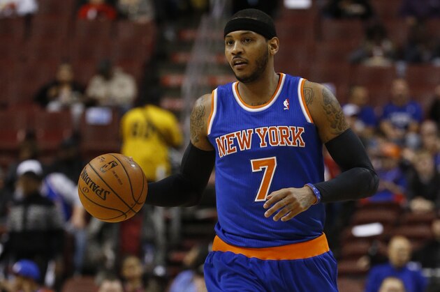 New York Knicks' Carmelo Anthony in action during an NBA basketball game against the Philadelphia 76ers, Friday, March 21, 2014, in Philadelphia. (AP Photo/Matt Slocum)