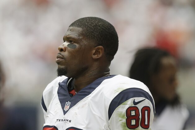 Houston Texans' Andre Johnson (80) stands on the side lines during the third quarter of an NFL football game against the Tennessee Titans, Sunday, Sept. 15, 2013, in Houston. (AP Photo/Patric Schneider)