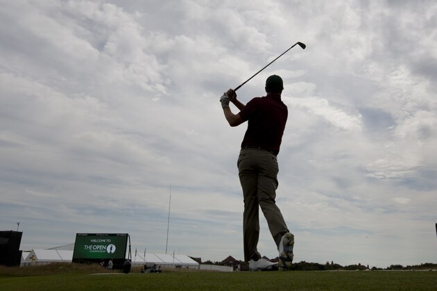 Adam Scott of Australia plays a shot on the 4th tee during a practice round at the Royal Liverpool Golf Club prior to the start of the British Open Golf Championship, in Hoylake, England, Saturday, July 12, 2014. The 2014 Open Championship starts on Thursday, July 17. (AP Photo/Jon Super)