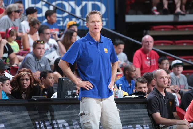 LAS VEGAS, NV - JULY 11: Steve Kerr, Head Coach of the Golden State Warriors looks on during the game against the Charlotte Hornets on July 11, 2014 at Thomas & Mack  in Las Vegas, Nevada. NOTE TO USER: User expressly acknowledges and agrees that, by downloading and or using this photograph, User is consenting to the terms and conditions of the Getty Images License Agreement. Mandatory Copyright Notice: Copyright 2014 NBAE (Photo by Jack Arent/NBAE via Getty Images)